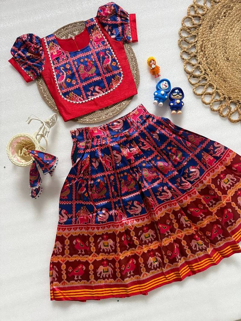 Blue silk blend  weaved zari border kids lehenga choli