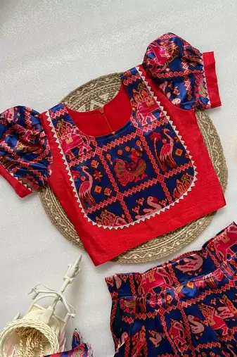 Blue silk blend  weaved zari border kids lehenga choli