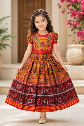 Orange silk blend weaved zari border kids lehenga choli