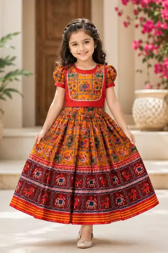 Orange silk blend weaved zari border kids lehenga choli