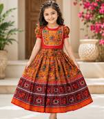 Orange silk blend weaved zari border kids lehenga choli