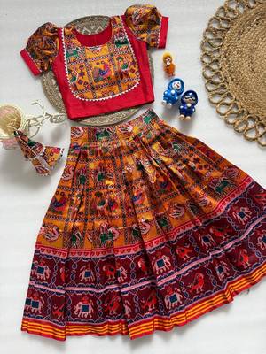 Orange silk blend weaved zari border kids lehenga choli 2