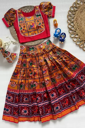 Orange silk blend weaved zari border kids lehenga choli