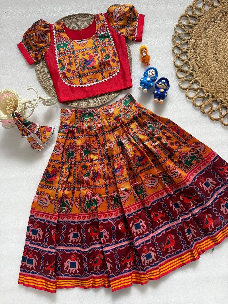Orange silk blend weaved zari border kids lehenga choli