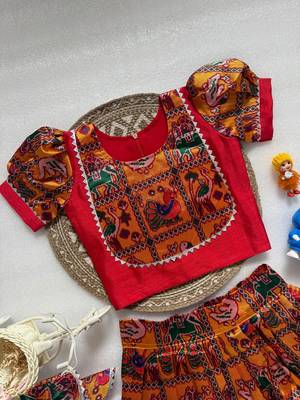 Orange silk blend weaved zari border kids lehenga choli 3