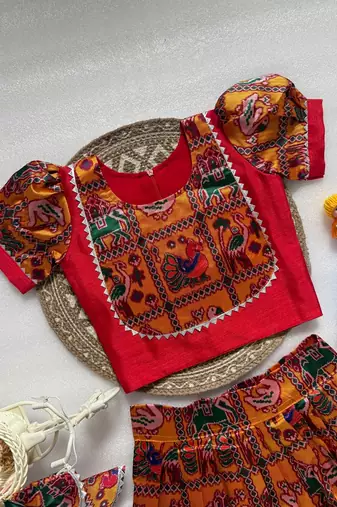 Orange silk blend weaved zari border kids lehenga choli