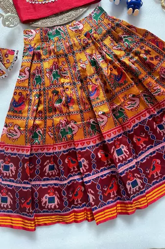 Orange silk blend weaved zari border kids lehenga choli