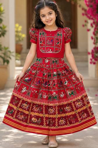 Red silk blend weaved zari border kids lehenga choli