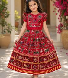 Red silk blend weaved zari border kids lehenga choli