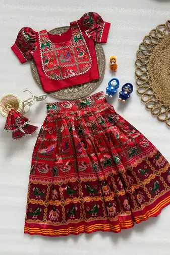 Red silk blend weaved zari border kids lehenga choli