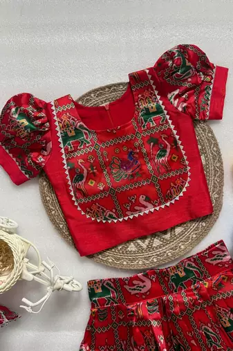 Red silk blend weaved zari border kids lehenga choli