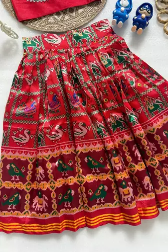 Red silk blend weaved zari border kids lehenga choli