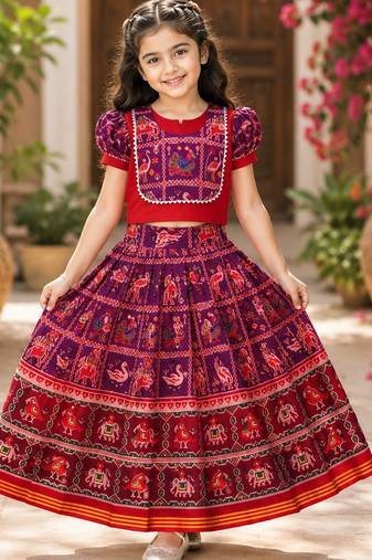 Wine silk blend  patola weaved zari border kids lehenga choli