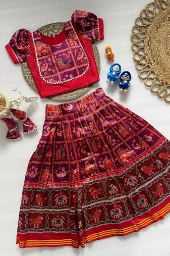 Wine silk blend  patola weaved zari border kids lehenga choli