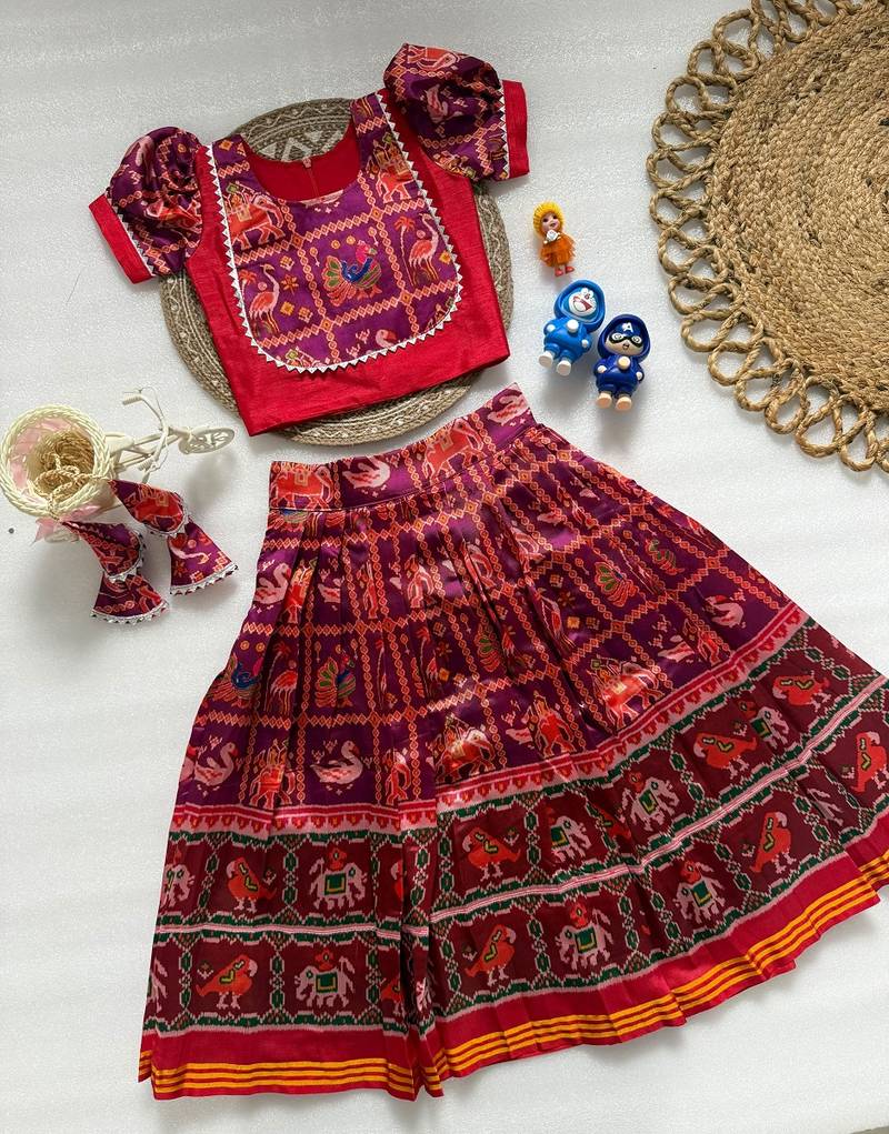 Wine silk blend  patola weaved zari border kids lehenga choli
