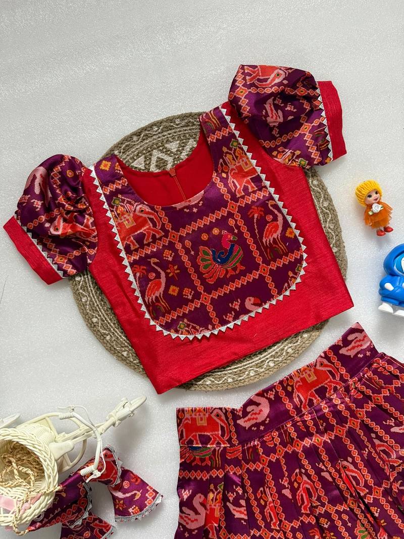 Wine silk blend  patola weaved zari border kids lehenga choli