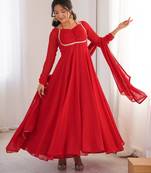 Women's Solid Blooming Georgette Fabric Flared Anarkali and Dupatta Set