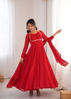 Women's Solid Blooming Georgette Fabric Flared Anarkali and Dupatta Set 4