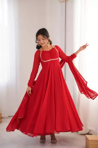 Women's Solid Blooming Georgette Fabric Flared Anarkali and Dupatta Set