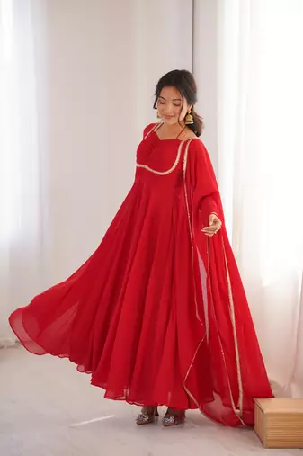 Women's Solid Blooming Georgette Fabric Flared Anarkali and Dupatta Set