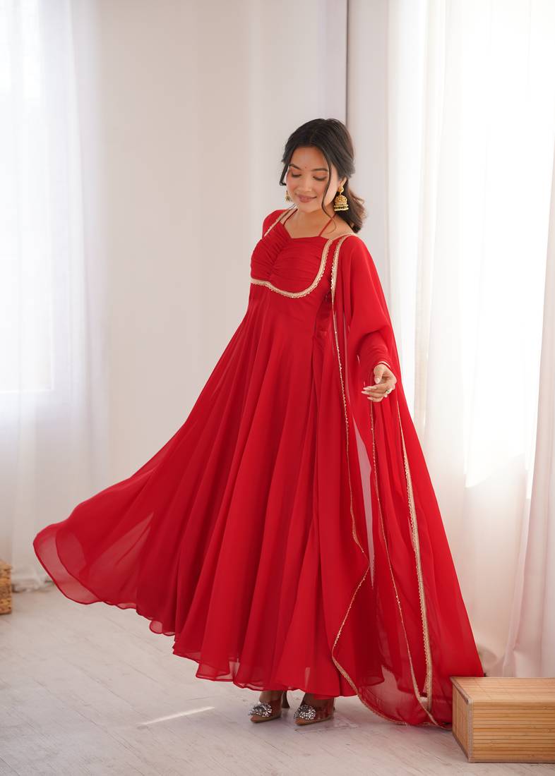 Women's Solid Blooming Georgette Fabric Flared Anarkali and Dupatta Set
