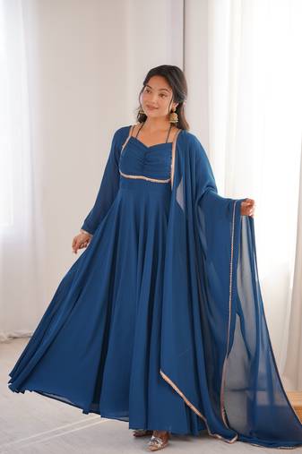 Women' Solid Blooming Georgette Fabric Flared Anarkali and Dupatta Set