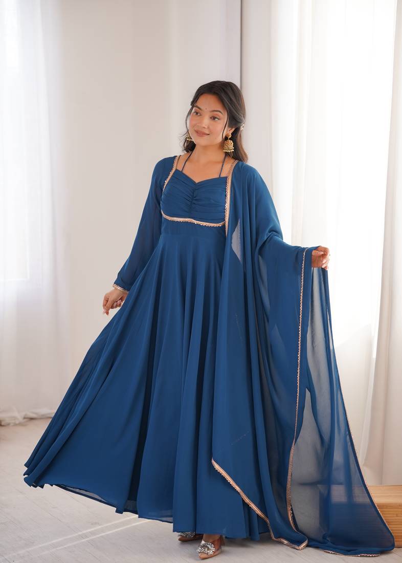 Women' Solid Blooming Georgette Fabric Flared Anarkali and Dupatta Set