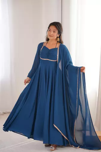 Women' Solid Blooming Georgette Fabric Flared Anarkali and Dupatta Set