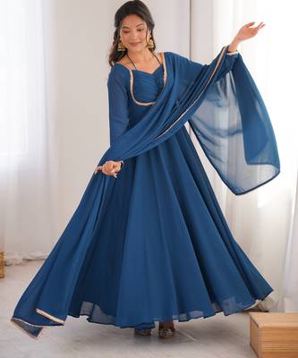 Women' Solid Blooming Georgette Fabric Flared Anarkali and Dupatta Set 4