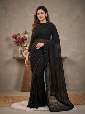 Pure Geogate  Black Color With Original Black Beeds Work with Saree With Blouse Set 1