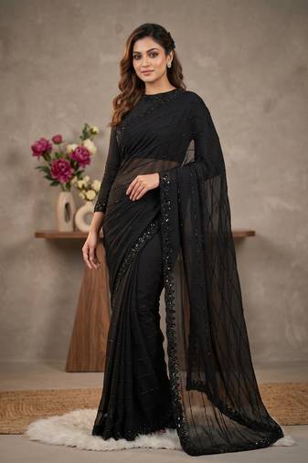 Pure Geogate  Black Color With Original Black Beeds Work with Saree With Blouse Set