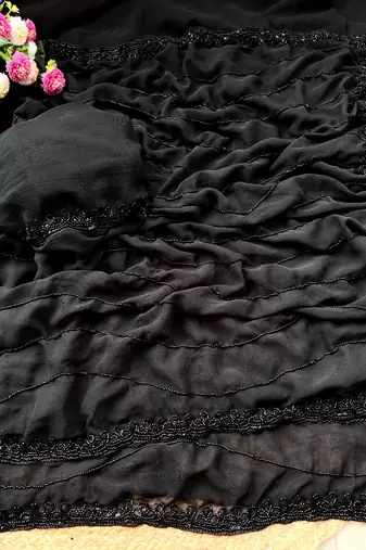 Pure Geogate  Black Color With Original Black Beeds Work with Saree With Blouse Set