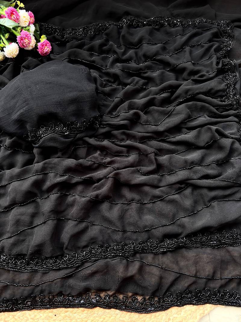 Pure Geogate  Black Color With Original Black Beeds Work with Saree With Blouse Set
