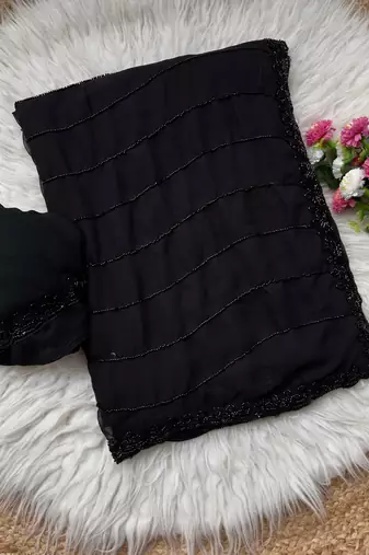 Pure Geogate  Black Color With Original Black Beeds Work with Saree With Blouse Set