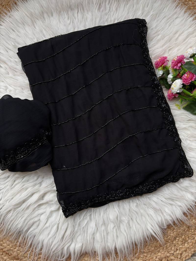 Pure Geogate  Black Color With Original Black Beeds Work with Saree With Blouse Set
