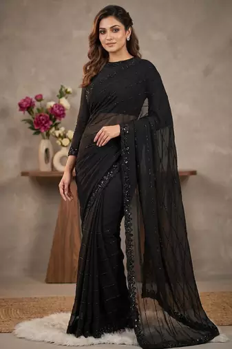Pure Geogate  Black Color With Original Black Beeds Work with Saree With Blouse Set