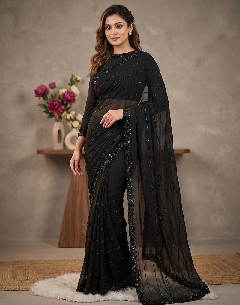 Pure Geogate  Black Color With Original Black Beeds Work with Saree With Blouse Set