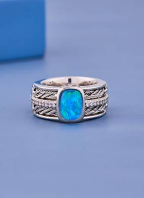 Vintage Blue Opal Gemstone Silver Ring with Cubic Zirconia Accents for Women Elegant Statement Jewelry 1
