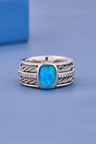 Vintage Blue Opal Gemstone Silver Ring with Cubic Zirconia Accents for Women Elegant Statement Jewelry