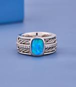 Vintage Blue Opal Gemstone Silver Ring with Cubic Zirconia Accents for Women Elegant Statement Jewelry