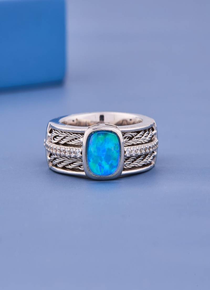 Vintage Blue Opal Gemstone Silver Ring with Cubic Zirconia Accents for Women Elegant Statement Jewelry