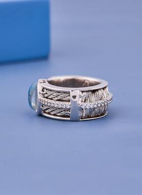 Vintage Blue Opal Gemstone Silver Ring with Cubic Zirconia Accents for Women Elegant Statement Jewelry 2