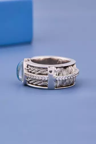 Vintage Blue Opal Gemstone Silver Ring with Cubic Zirconia Accents for Women Elegant Statement Jewelry
