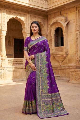 Purple pashmina paithani silk saree with beautifully multicolor border and pallu