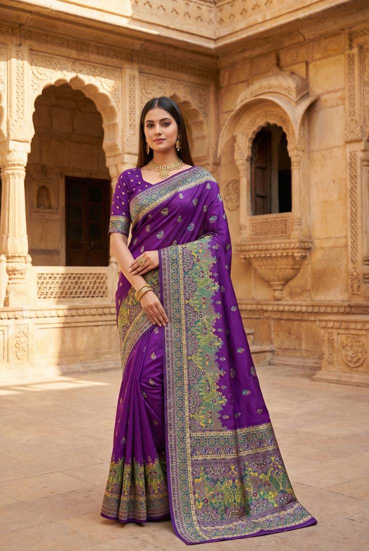 Purple pashmina paithani silk saree with beautifully multicolor border and pallu