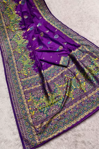 Purple pashmina paithani silk saree with beautifully multicolor border and pallu