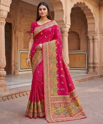 Pink pashmina paithani silk saree with beautifully multicolor border and pallu 1