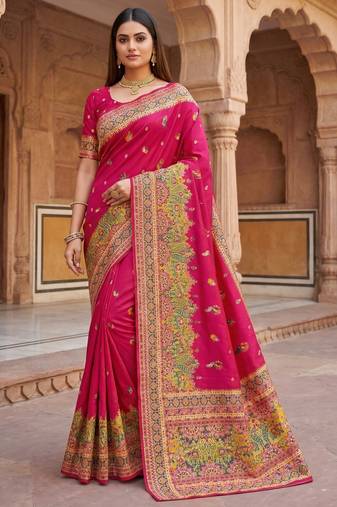 Pink pashmina paithani silk saree with beautifully multicolor border and pallu