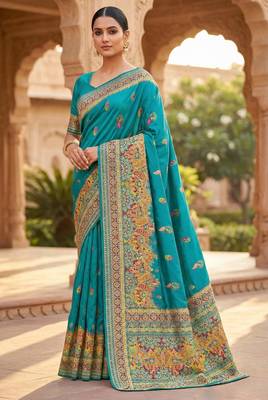 Sky blue pashmina paithani silk saree with beautifully multicolor border and pallu 1