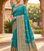 Sky blue pashmina paithani silk saree with beautifully multicolor border and pallu